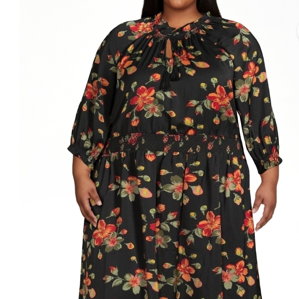 Terra & Sky Black Dress with Red Floral Design